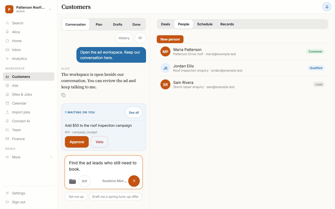 Example Loggia workspace reviewing leads and follow-up activity