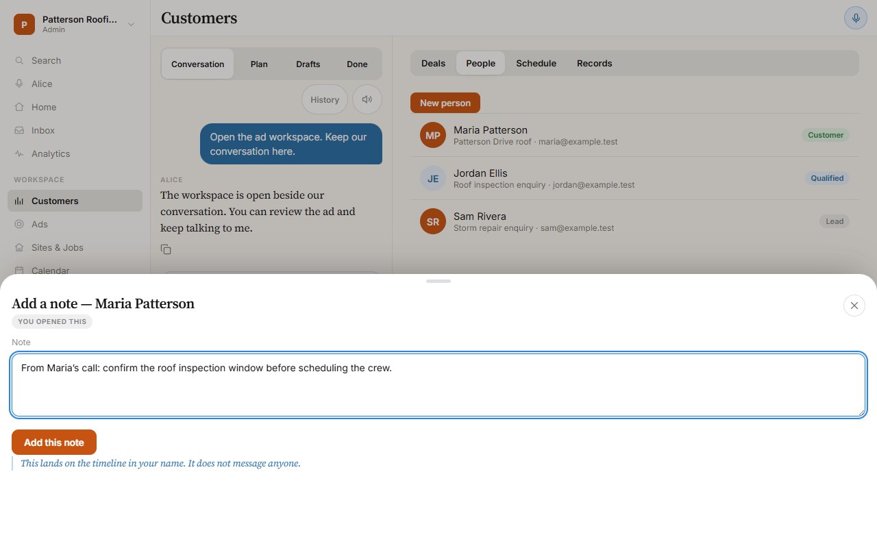 Example Loggia workspace with Alice’s conversation beside a customer CRM record