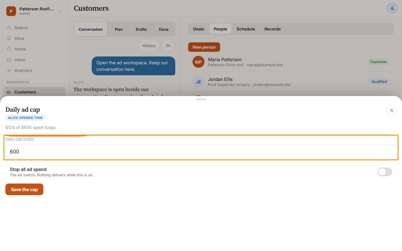 Example Loggia workspace showing the daily ad cap and Stop all ad spend control