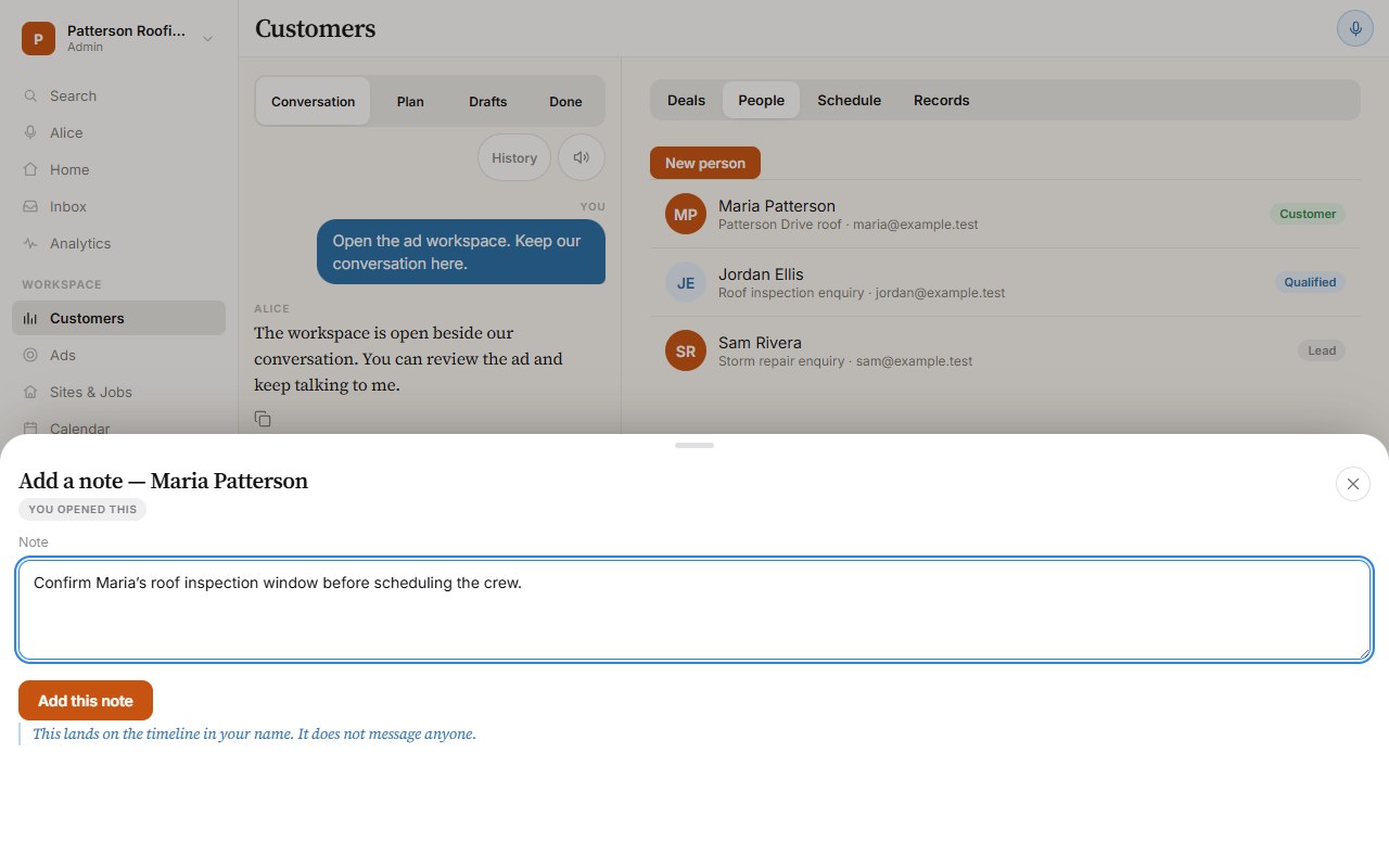 A customer record and note editor in Loggia